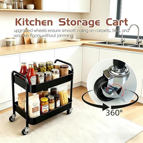 2 Tier Rolling Utility Cart with Wheels, Under Desk Storage Organizer for Pantry Kitchen Laundry, Heavy Duty Metal Rolling Cart with 4 Hooks, Slim Narrow Cart for Small Space (Black, 2-Tier) in Saudi Arabia