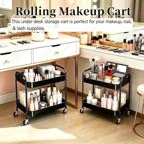 2 Tier Rolling Utility Cart with Wheels, Under Desk Storage Organizer for Pantry Kitchen Laundry, Heavy Duty Metal Rolling Cart with 4 Hooks, Slim Narrow Cart for Small Space (Black, 2-Tier) in Saudi Arabia