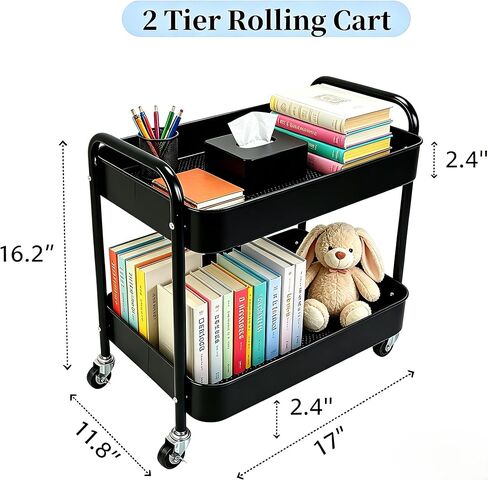2 Tier Rolling Utility Cart with Wheels, Under Desk Storage Organizer for Pantry Kitchen Laundry, Heavy Duty Metal Rolling Cart with 4 Hooks, Slim Narrow Cart for Small Space (Black, 2-Tier) in Saudi Arabia