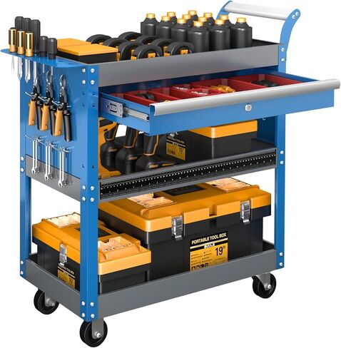 AIRAJ 3 Tier Rolling Tool Cart on Wheels,Mechanic Tool Cart with Lockable Drawers,440 LBS Load Capacity Tool Storage Cart with Pegboard and Hook,for Workshop,Garage and Warehouse,Blue in Saudi Arabia