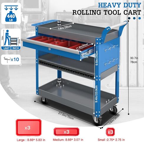 AIRAJ 3 Tier Rolling Tool Cart on Wheels,Mechanic Tool Cart with Lockable Drawers,440 LBS Load Capacity Tool Storage Cart with Pegboard and Hook,for Workshop,Garage and Warehouse,Blue in Saudi Arabia