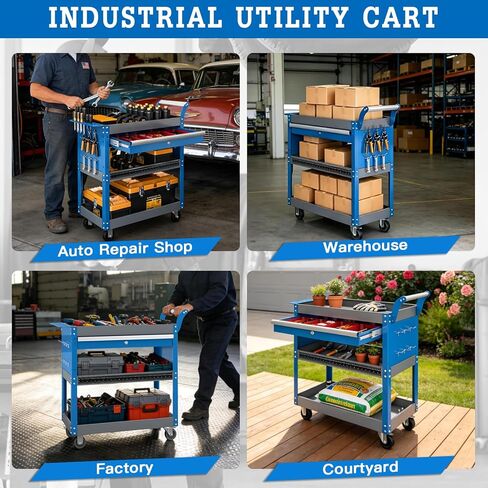 AIRAJ 3 Tier Rolling Tool Cart on Wheels,Mechanic Tool Cart with Lockable Drawers,440 LBS Load Capacity Tool Storage Cart with Pegboard and Hook,for Workshop,Garage and Warehouse,Blue in Saudi Arabia