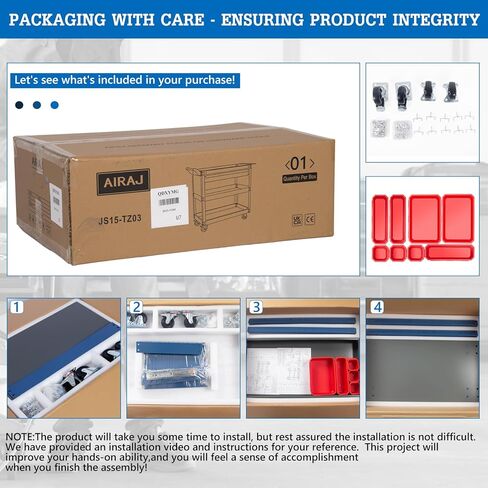 AIRAJ 3 Tier Rolling Tool Cart on Wheels,Mechanic Tool Cart with Lockable Drawers,440 LBS Load Capacity Tool Storage Cart with Pegboard and Hook,for Workshop,Garage and Warehouse,Blue in Saudi Arabia