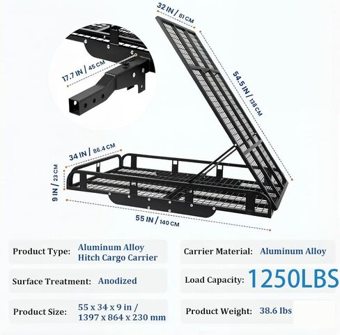 1250LBS Trailer Hitch Cargo Carrier with Ramp, 55 x 34 x 9 inch Alloy Steel Hitch Cargo Carrier, Foldable Hitch Mount Carrier, Mobility Scooter Carrier with 2" Receiver for Truck, SUV, Van in Kuwait