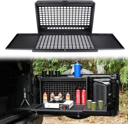Tailgate Table Storage Lock Box Compatible with Jeep Wrangler JK JKU JL JLU 4 Door, Aluminum Foldable Rear Cargo Shelf MOLLE Panel Camping Desk Organizer in Saudi Arabia