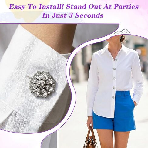 6Pcs Button Covers for Women Blouses Buttons Cover Silver Snap on Rhinestone Crystal Flower Rhinestone Button Covers Floral Design for Clothing Dress Shirt Formal Attire Coats in Saudi Arabia