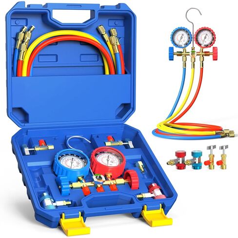 Luney 3 Way AC Gauges Set, AC Manifold Gauge Set for R134a R12 R22 R502 Refrigerant, Automotive HVAC Freon Recharge Kit with 4FT Flameproof Hoses, Couplers, Adapter, Self Sealing & Puncturing Can Tap in Kuwait