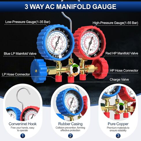 Luney 3 Way AC Gauges Set, AC Manifold Gauge Set for R134a R12 R22 R502 Refrigerant, Automotive HVAC Freon Recharge Kit with 4FT Flameproof Hoses, Couplers, Adapter, Self Sealing & Puncturing Can Tap in Kuwait