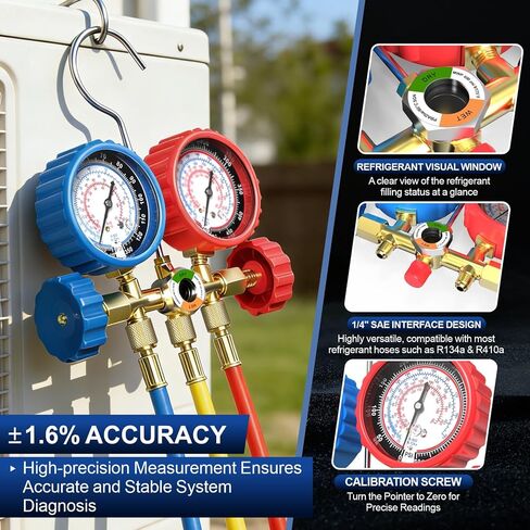 Luney 3 Way AC Gauges Set, AC Manifold Gauge Set for R134a R12 R22 R502 Refrigerant, Automotive HVAC Freon Recharge Kit with 4FT Flameproof Hoses, Couplers, Adapter, Self Sealing & Puncturing Can Tap in Kuwait