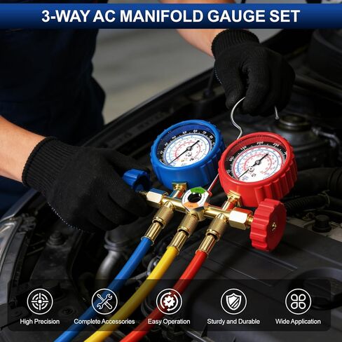Luney 3 Way AC Gauges Set, AC Manifold Gauge Set for R134a R12 R22 R502 Refrigerant, Automotive HVAC Freon Recharge Kit with 4FT Flameproof Hoses, Couplers, Adapter, Self Sealing & Puncturing Can Tap in Kuwait