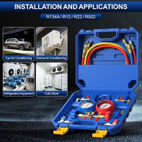 Luney 3 Way AC Gauges Set, AC Manifold Gauge Set for R134a R12 R22 R502 Refrigerant, Automotive HVAC Freon Recharge Kit with 4FT Flameproof Hoses, Couplers, Adapter, Self Sealing & Puncturing Can Tap in Kuwait