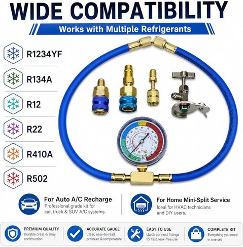 R1234YF Refrigerant Recharge Kit with Gauge – 1234YF Refrigerant & R134A AC Recharge Kits, with R-1234YF r134a Recharge Kit Self-Piercing Can Tap, Low-Side Quick Coupler, R410A Adapter for Auto AC in Saudi Arabia