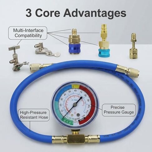 R1234YF Refrigerant Recharge Kit with Gauge – 1234YF Refrigerant & R134A AC Recharge Kits, with R-1234YF r134a Recharge Kit Self-Piercing Can Tap, Low-Side Quick Coupler, R410A Adapter for Auto AC in Saudi Arabia
