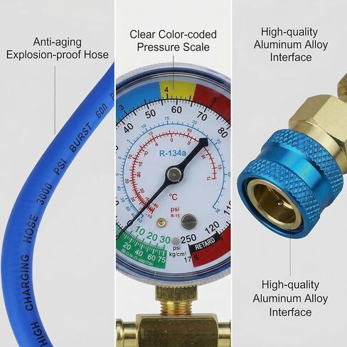 R1234YF Refrigerant Recharge Kit with Gauge – 1234YF Refrigerant & R134A AC Recharge Kits, with R-1234YF r134a Recharge Kit Self-Piercing Can Tap, Low-Side Quick Coupler, R410A Adapter for Auto AC in Saudi Arabia