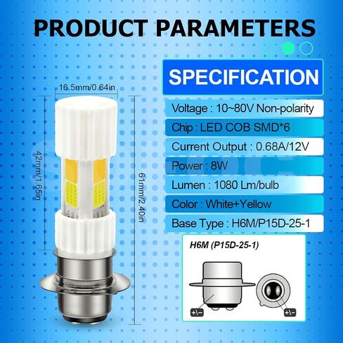 لمبة LED بقاعدة SOFOC H6M 8 وات موفرة للطاقة بلون مزدوج أبيض + أصفر لدراجة نارية أمامية بديلة تناسب مباشرة بدون أسلاك بناء سيراميك 10xLong Life قطعتان in Kuwait