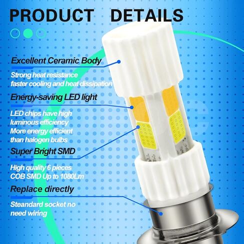 لمبة LED بقاعدة SOFOC H6M 8 وات موفرة للطاقة بلون مزدوج أبيض + أصفر لدراجة نارية أمامية بديلة تناسب مباشرة بدون أسلاك بناء سيراميك 10xLong Life قطعتان in Kuwait