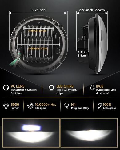 مصابيح أمامية LED 5.75 بوصة 5 3/4 للدراجات النارية، 45 وات شعاع عالي/منخفض أبيض وأصفر DRL عيون ملائكة 5.75 بوصة أضواء مستديرة مع قابس جهاز العرض والتشغيل معتمد من DOT SAE (M002V-1PC) in Kuwait
