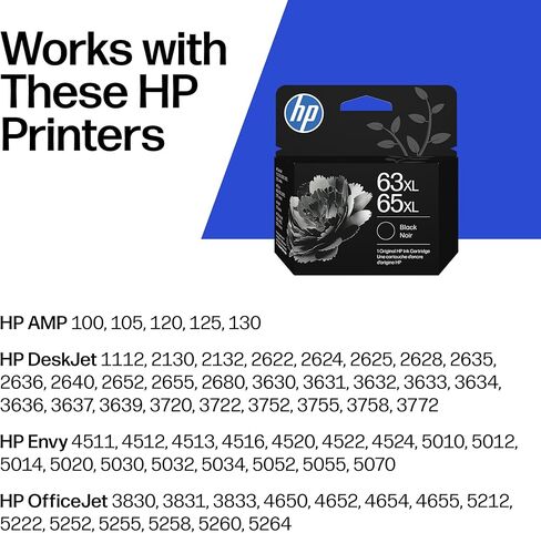 خرطوشة حبر سوداء عالية الإنتاجية HP 63XL/65XL - عبوتان وخرطوشة حبر ثلاثية الألوان مقاس 63/65| يعمل أمبير؛ ديسك جيت 1100، 2100، 2600، 3600؛ الحسد 4500، 5000؛ سلسلة أوفيس جيت 3800، 4600، 5200|B7RT5AA in Kuwait