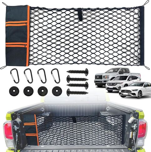 Truck Bed Cargo Net Trunk Netting Fit for All Pickup Trucks, SUV,Cars & Trailers,(51.2"x17.8" to 65"x17.8") Heavy Duty Pickup Truck Bed Organizer-5mm Bungee,4 Metal Hooks,Storage Bag. in Saudi Arabia
