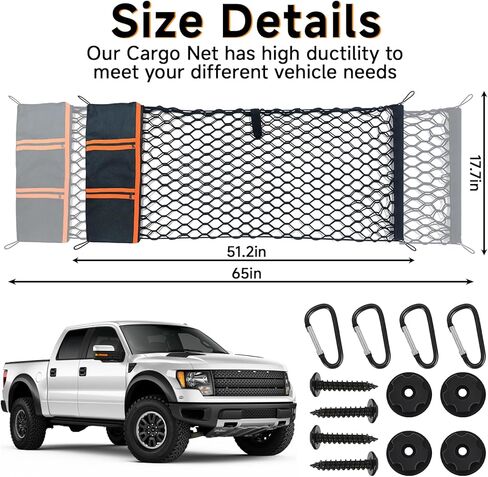 Truck Bed Cargo Net Trunk Netting Fit for All Pickup Trucks, SUV,Cars & Trailers,(51.2"x17.8" to 65"x17.8") Heavy Duty Pickup Truck Bed Organizer-5mm Bungee,4 Metal Hooks,Storage Bag. in Saudi Arabia