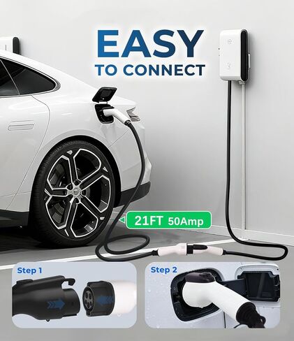 كابل تمديد شاحن EV، سلك تمديد 50 أمبير 21 قدم SAE J1772 متوافق مع شواحن EV المستوى 1/المستوى 2 110 فولت-240 فولت لسيارات J1772 EVs/PHEV، كابل تمديد شاحن سيارة مقاوم للماء IP67 مع حقيبة in Kuwait
