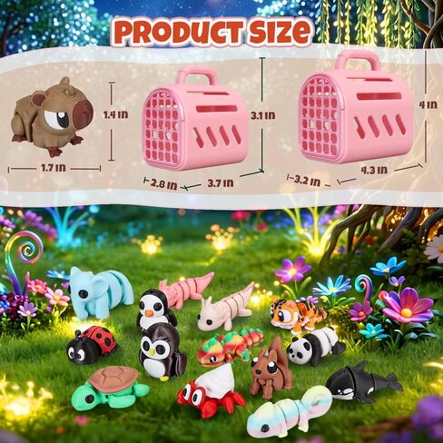 20 PCS 3D Printed Animals, Mini 3D Printed Animal Figurines with Cage, Flexible Articulated Fidget Toys for Desk Decor, Party Favors, Goodie Bag Stuffers, Classroom Rewards in Saudi Arabia