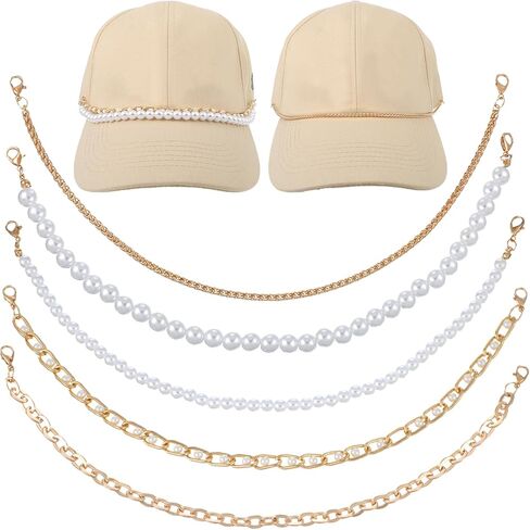 5 PCS Trucker Hat Chains, Gold Hat Charms Bill Decoration for Women Man, Pearl Metal Hat Chains for Women Trucker Hat, Stylish Hats Accessories for DIY Mesh Baseball Cap Netback Cap in Kuwait