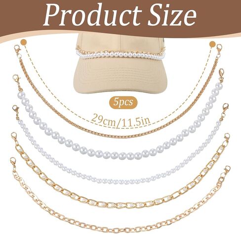 5 PCS Trucker Hat Chains, Gold Hat Charms Bill Decoration for Women Man, Pearl Metal Hat Chains for Women Trucker Hat, Stylish Hats Accessories for DIY Mesh Baseball Cap Netback Cap in Kuwait