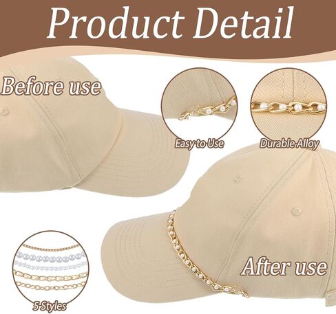 5 PCS Trucker Hat Chains, Gold Hat Charms Bill Decoration for Women Man, Pearl Metal Hat Chains for Women Trucker Hat, Stylish Hats Accessories for DIY Mesh Baseball Cap Netback Cap in Kuwait