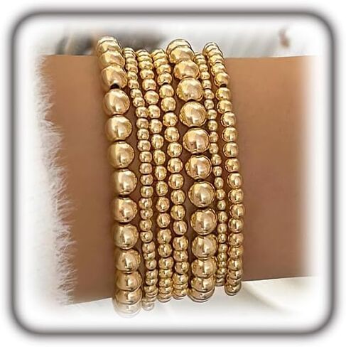 Gold Stacking Beaded Stretch Bracelet Set for Women,7Pcs Simple Gold Round Ball Handmade Beaded Chain Bracelet,Stackable Layered Elastic Bracelet in Saudi Arabia