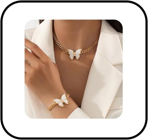 PINK TOWN 2 Pieces Butterfly Cuban Jewelry Set Gold Butterfly Necklaces Bracelet Set Chunky Gold Choker Necklace Vintage Butterfly Necklace Bracelet Set Fashion Butterfly Set Jewelry in Saudi Arabia