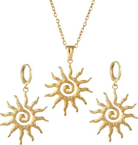 Dreuyet Sun Earrings and Necklace for Women Dainty Chunky Spiral Gold Sunburst Sunflower Charm Pendant Necklace Statement Huggie Hoop Earrings Prom Party Jewelry Gifts in Saudi Arabia