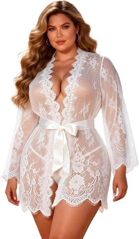 comeondear Women's Lace Kimono Robe Plus Size Babydoll Sexy Lingerie Mesh Short Nightgown Sheer Cover Up in Saudi Arabia