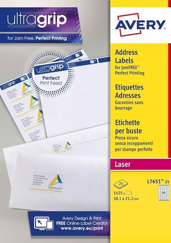 Avery JamFREE, Printable, Address Labels, Customisable, 63.5 x 38.1 mm, White, 65 Labels per Sheet, 1625 Blank Labels per Pack (L7651-25) in Kuwait