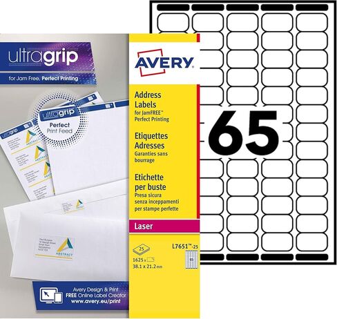 Avery JamFREE, Printable, Address Labels, Customisable, 63.5 x 38.1 mm, White, 65 Labels per Sheet, 1625 Blank Labels per Pack (L7651-25) in Kuwait