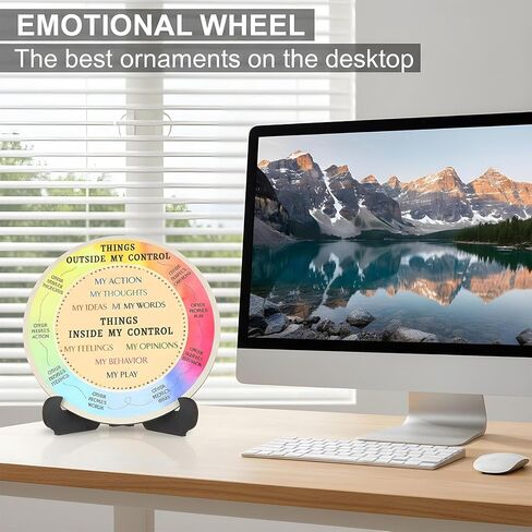 Molain Feelings Wheel Therapy for Therapists, Therapy Office Desk Decor Wooden Double Sided Mental Health Emotion Chart with Stand Therapist Gifts for Women Men Counselors Home Use in Kuwait