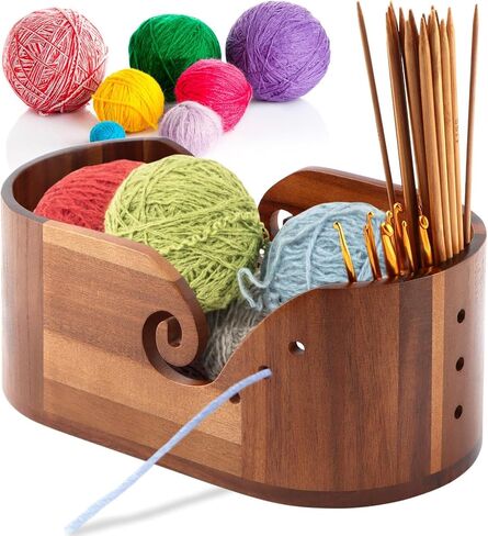 مجموعة أوعية غزل DIY، مع خطاف كروشيه وإبر خياطة، أوعية غزل خشبية للحياكة والكروشيه، وعاء حامل غزل كروشيه كبير (بني) in Kuwait