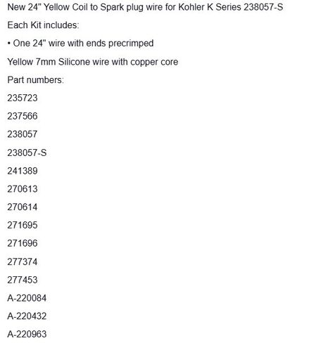 Replacement for Kohler 7mm Yellow Spark Plug Wire for K91 K141 K161 K181 K241 K301 K321 238057S OEM in Saudi Arabia