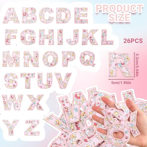 26PCS Flower Letter Patch Stickers A-Z Alphabets, Cute Fabric Letters Patches, Iron on Flowers Letters for Clothing, Self Adhesive Letter Patches, Flower Alphabet Letterman Decorate Repair Patches in Kuwait