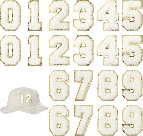 20 Pcs Iron on Number Patches, 2.13 Inch Chenille Numbers Embroidery Patches with Gold Glitter Sequins White 0-9 Applique for Team Jerseys Sports Football Jeans Bags Hats Clothing Decors in Kuwait