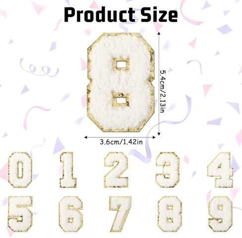 20 Pcs Iron on Number Patches, 2.13 Inch Chenille Numbers Embroidery Patches with Gold Glitter Sequins White 0-9 Applique for Team Jerseys Sports Football Jeans Bags Hats Clothing Decors in Kuwait