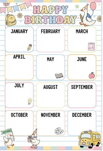 Gueevin Classroom Birthday Chart 16 x 24" Reusable Happy Birthday Poster Calendar Laminated Chart with Chalk Marker for Class Bulletin Board Decor Back to School Teacher Supplies(Silly Goose) in Kuwait