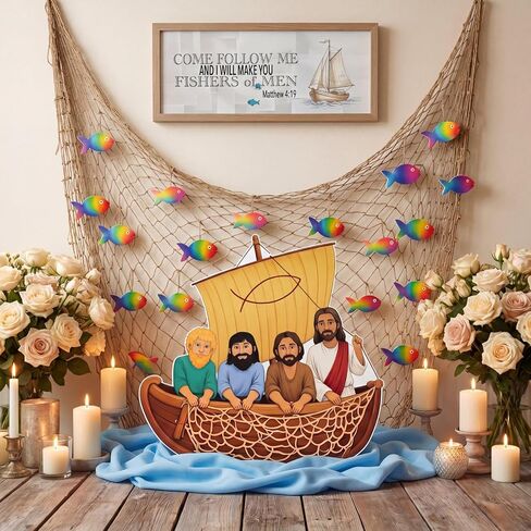 18 قطعة 2026 VBS Fishers of Men مجموعة ديكورات لوحة الإعلانات المسيحية ديكور الفصول الدراسية الدينية يسوع الكنيسة الحرفية القواطع السبورة لمدرسة الأحد ديكور الحائط التعليمي in Kuwait