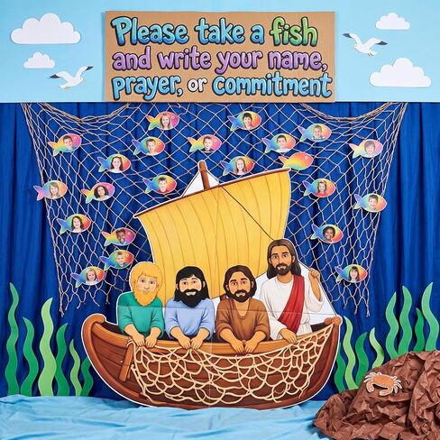 18 قطعة 2026 VBS Fishers of Men مجموعة ديكورات لوحة الإعلانات المسيحية ديكور الفصول الدراسية الدينية يسوع الكنيسة الحرفية القواطع السبورة لمدرسة الأحد ديكور الحائط التعليمي in Kuwait