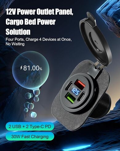 12V Truck Bed Power Outlet Fits for Ford Maverick Flexbed 2022+, Embedded Power Socket Panel with 2 USB & 2 Type-C PD 30W Fast Charging, Digital Voltage Display, Dust Cover, Plug & Play Install in Saudi Arabia