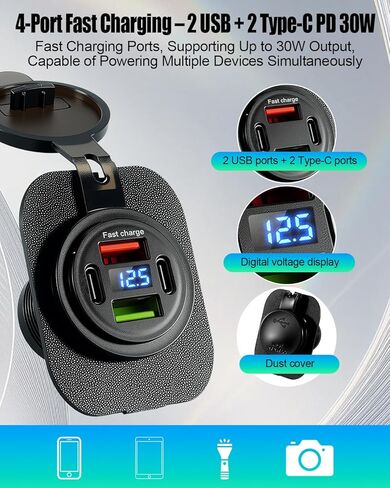 12V Truck Bed Power Outlet Fits for Ford Maverick Flexbed 2022+, Embedded Power Socket Panel with 2 USB & 2 Type-C PD 30W Fast Charging, Digital Voltage Display, Dust Cover, Plug & Play Install in Saudi Arabia