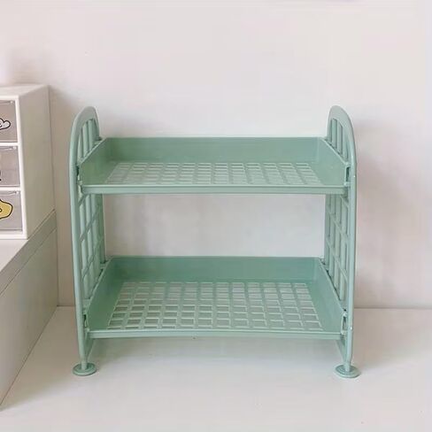 Simple Foldable Double-Layer Desktop Shelf Tabletop Organizer Storage Rack, Blue in Kuwait