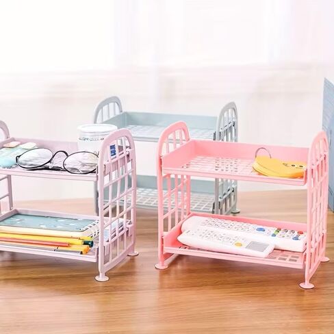 Simple Foldable Double-Layer Desktop Shelf Tabletop Organizer Storage Rack, Blue in Kuwait