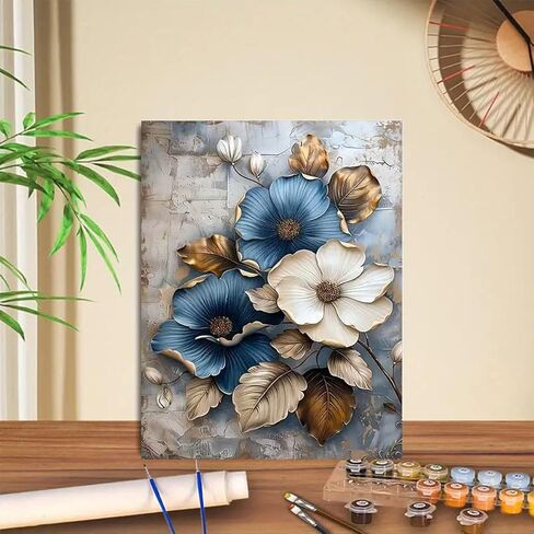 GEMFAMILY Paint by Numbers Kit for Blue Flowers, White Flowers Paint by Number for Adults, DIY Beginners Easy Acrylic Canvas Painting Kits for Home Wall Decor 16 x 20 Inch in Kuwait