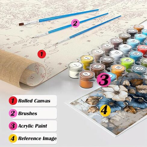 GEMFAMILY Paint by Numbers Kit for Blue Flowers, White Flowers Paint by Number for Adults, DIY Beginners Easy Acrylic Canvas Painting Kits for Home Wall Decor 16 x 20 Inch in Kuwait